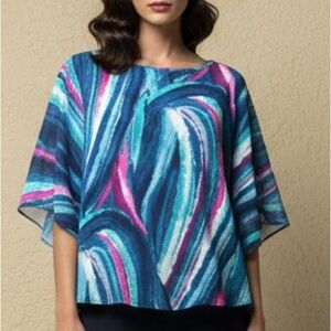 Chico's Women's Blouse Size S/M Blue Pink Abstract Print kimono style Top